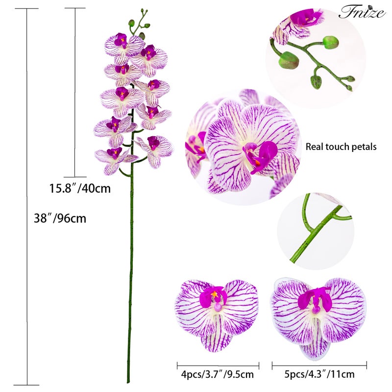 Fnize Faux Orchid Stems Artificial Flowers Phalaenopsis 38 Inch 2pcs Real Touch Latex 9 Large Petals Purple Pattern - Image 2